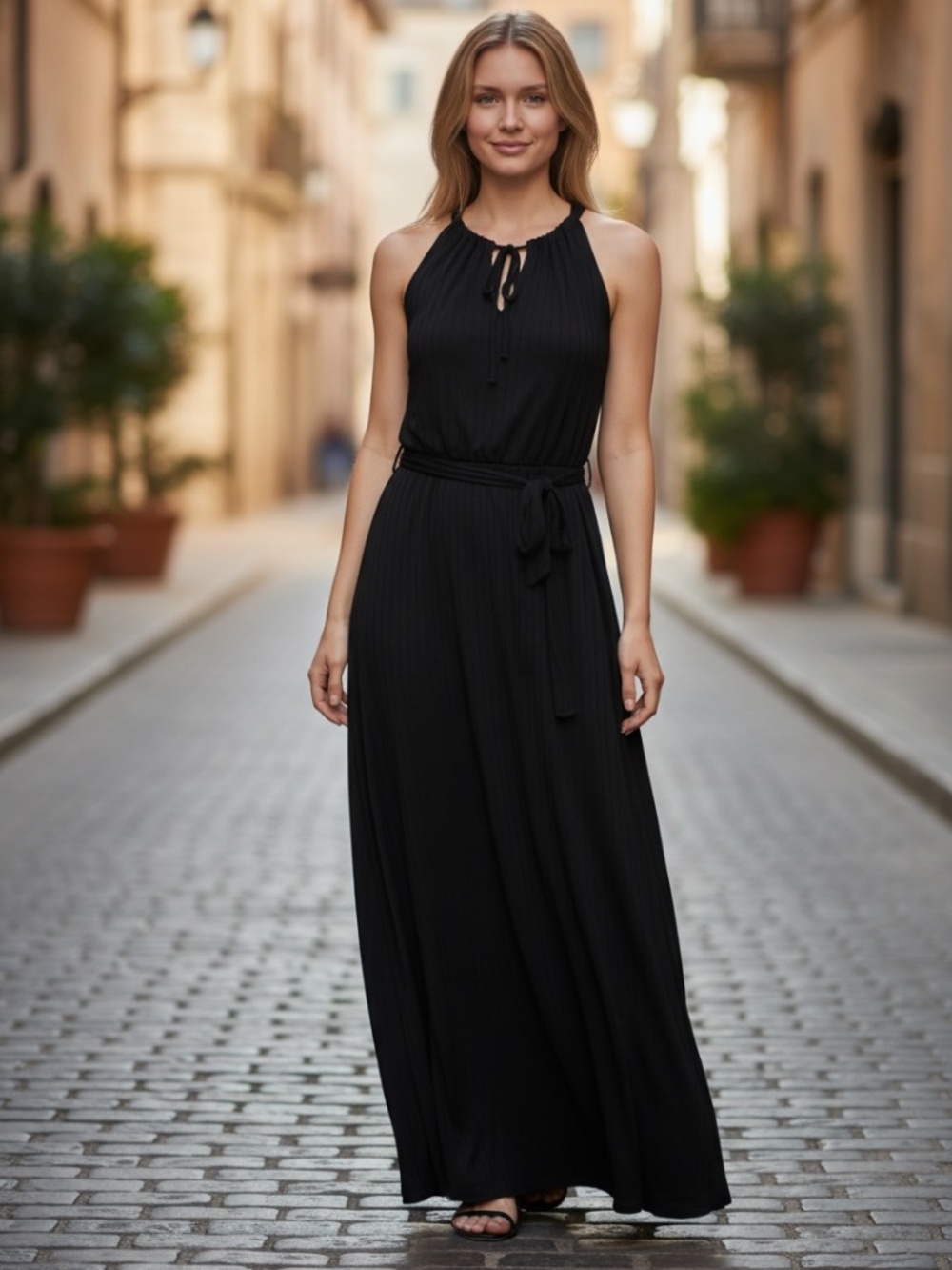 NWT ANN TAYLOR Women's L Full-Length Black Halter-Type Jersey Sheath Dress